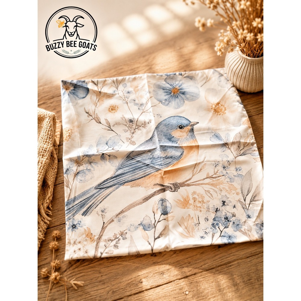 Peach Cotton Decorative Pillow Cover with Watercolor Blue Bird & Floral Design